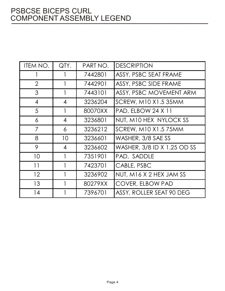 Component assembly legend, Psbcse biceps curl | Life Fitness Pro 2 Series PSBCSE User Manual | Page 4 / 18