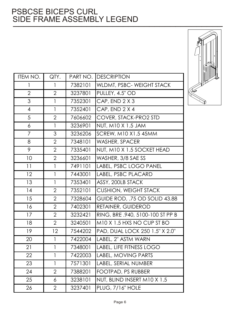 Psbcse biceps curl side frame assembly legend | Life Fitness Pro 2 Series PSBCSE User Manual | Page 6 / 18