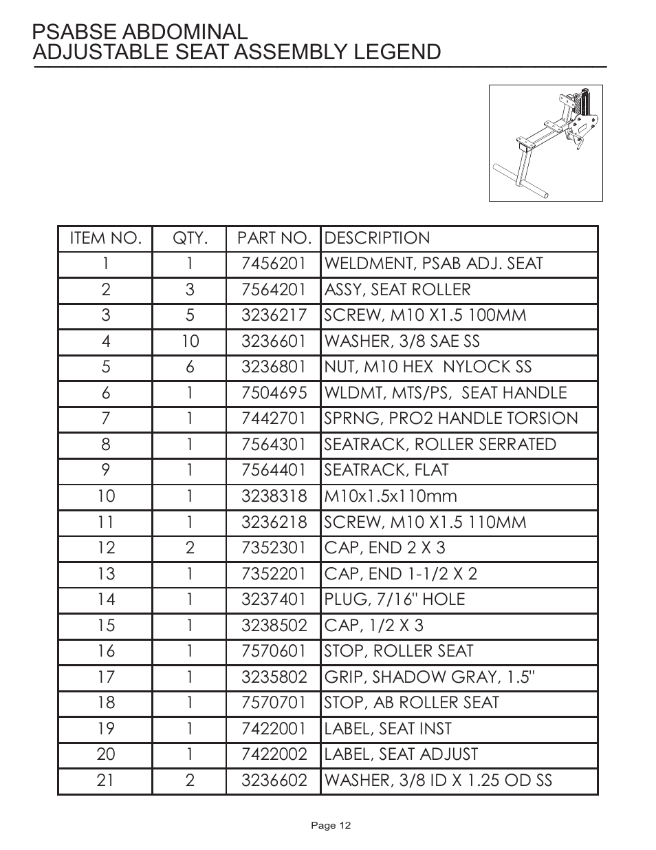 Psabse abdominal adjustable seat assembly legend | Life Fitness PSABSE User Manual | Page 12 / 18