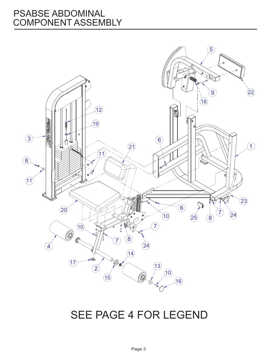 See page 4 for legend, Psabse abdominal component assembly | Life Fitness PSABSE User Manual | Page 3 / 18