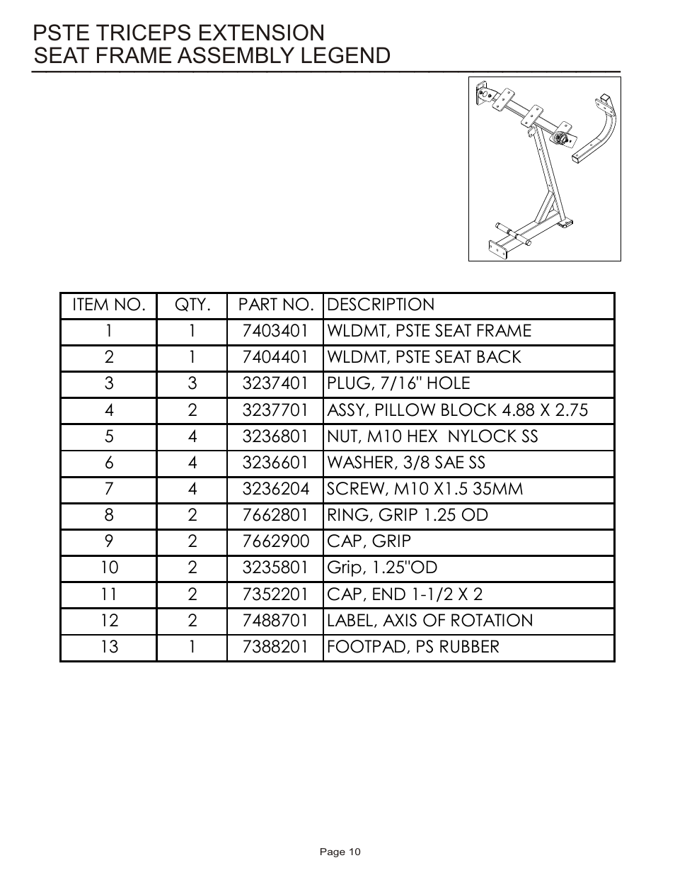 Seat frame assembly legend, Pste triceps extension | Life Fitness PSTE User Manual | Page 10 / 15