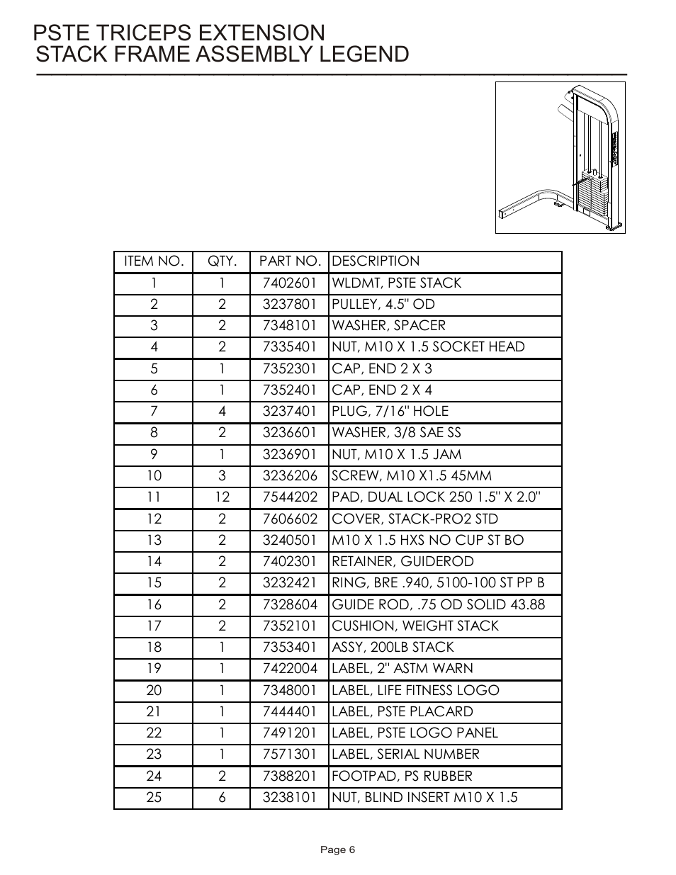 Stack frame assembly legend, Pste triceps extension | Life Fitness PSTE User Manual | Page 6 / 15