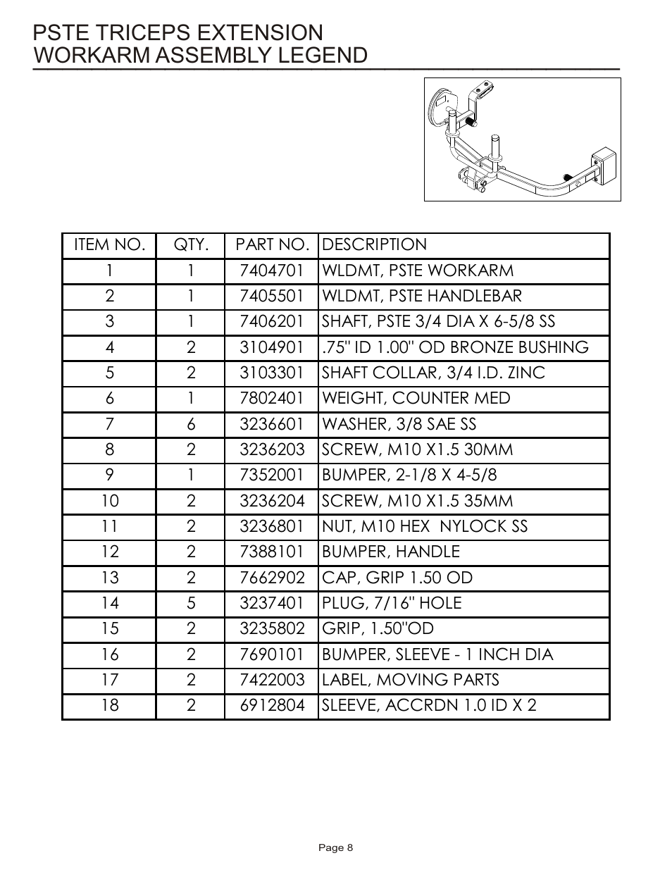 Workarm assembly legend, Pste triceps extension | Life Fitness PSTE User Manual | Page 8 / 15