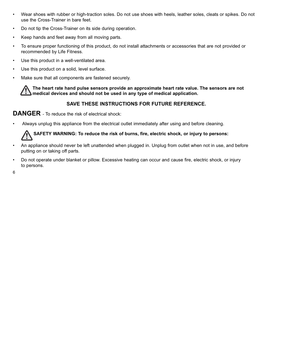 Danger | Life Fitness X8 User Manual | Page 9 / 47