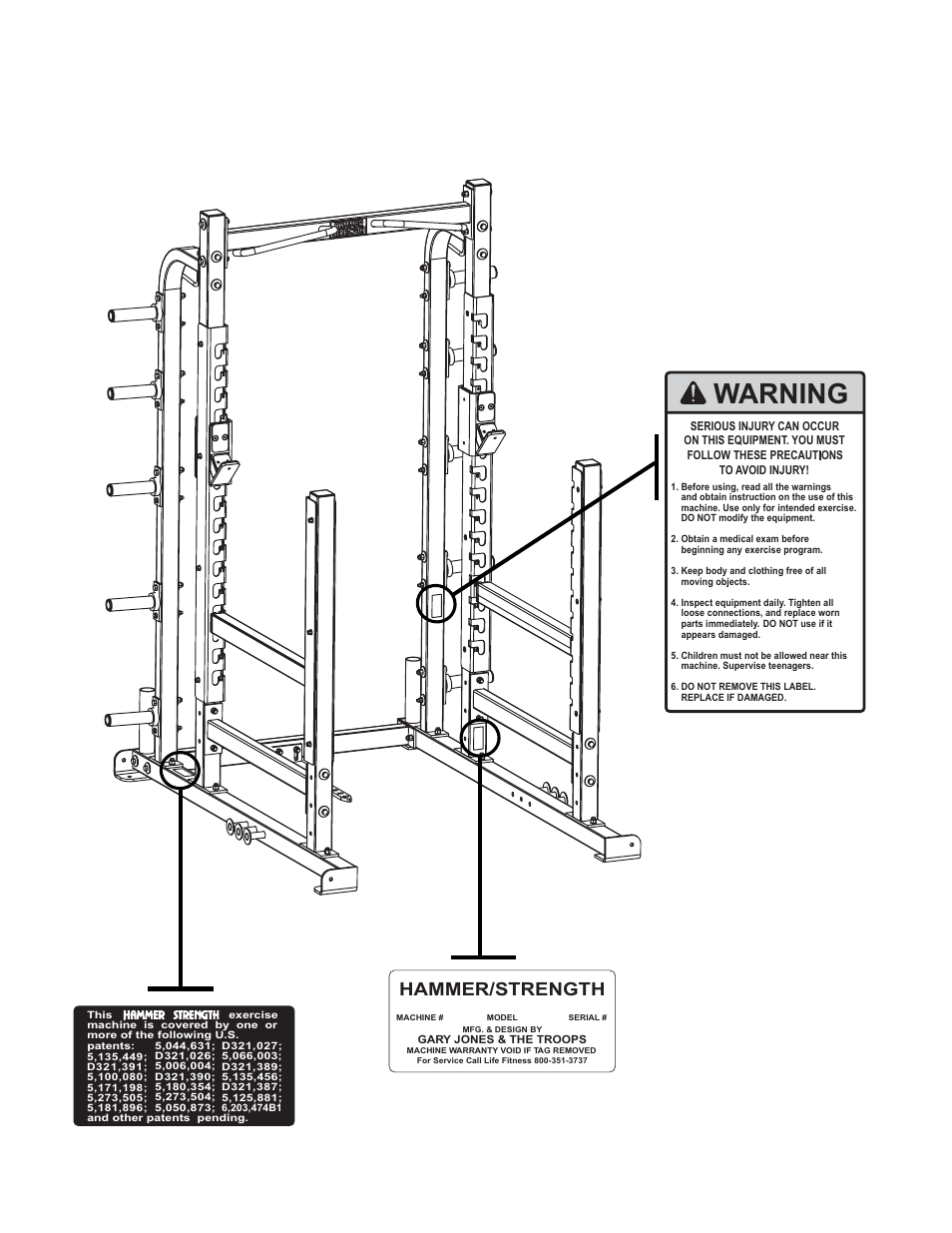 Warning, Hammer/strength | Life Fitness Heavy Duty Multi Rack User Manual | Page 3 / 16