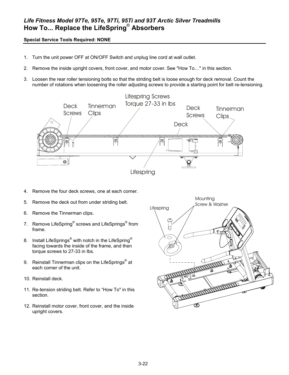 How to... replace the lifespring, Absorbers | Life Fitness 93T User Manual | Page 137 / 190