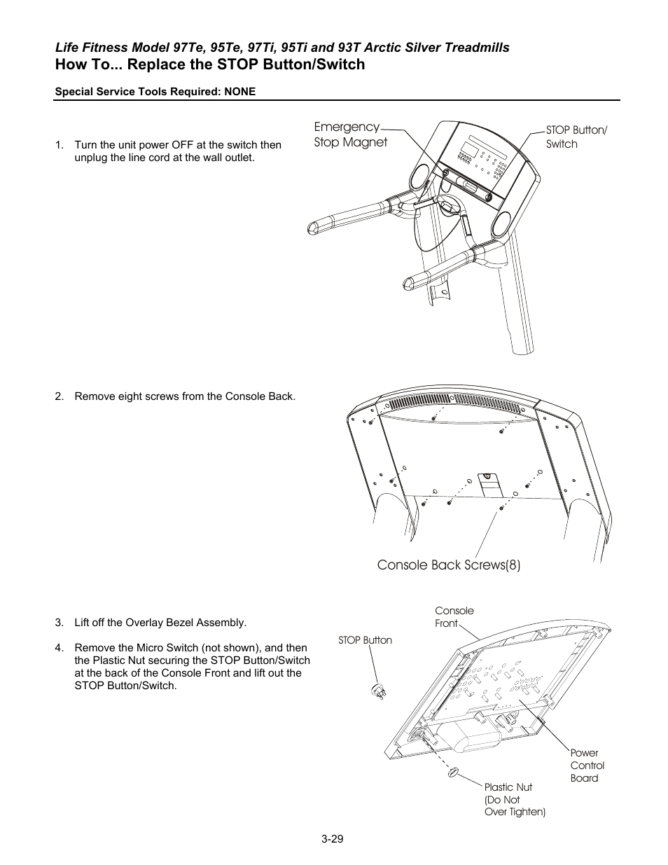 How to... replace the stop button/switch | Life Fitness 93T User Manual | Page 144 / 190