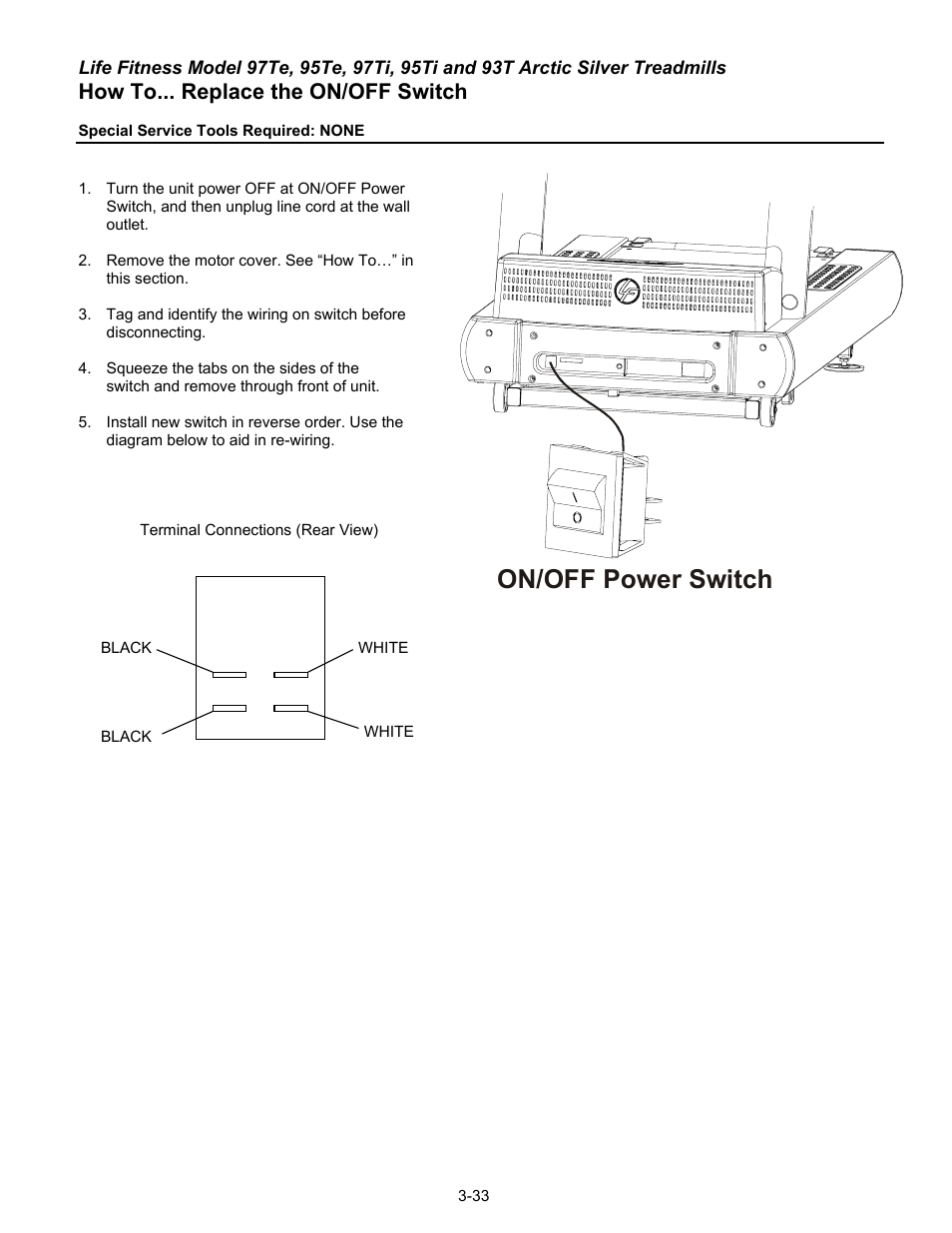 On/off power switch, How to... replace the on/off switch | Life Fitness 93T User Manual | Page 148 / 190