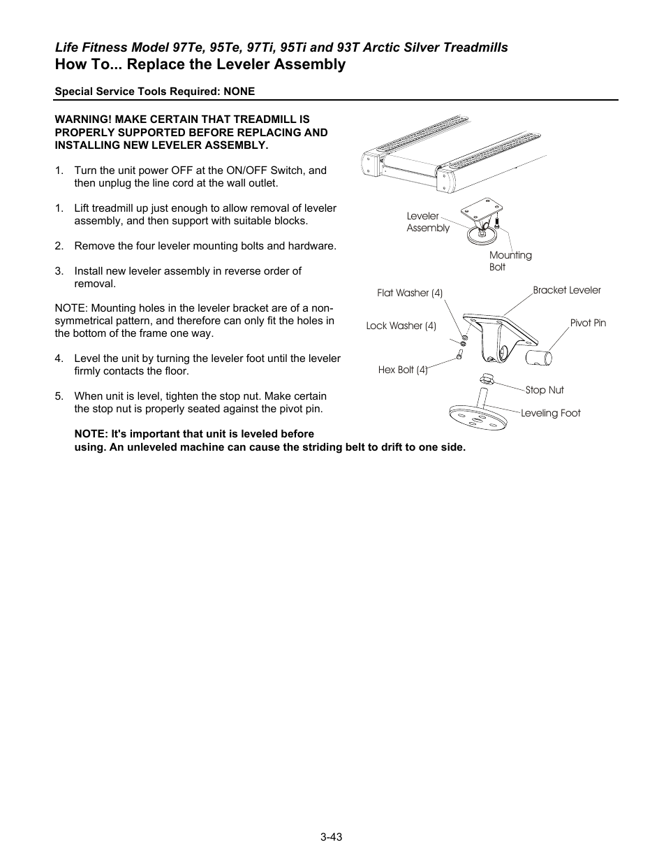 How to... replace the leveler assembly | Life Fitness 93T User Manual | Page 158 / 190