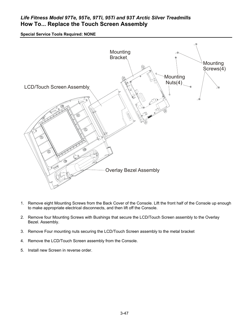 How to... replace the touch screen assembly | Life Fitness 93T User Manual | Page 162 / 190