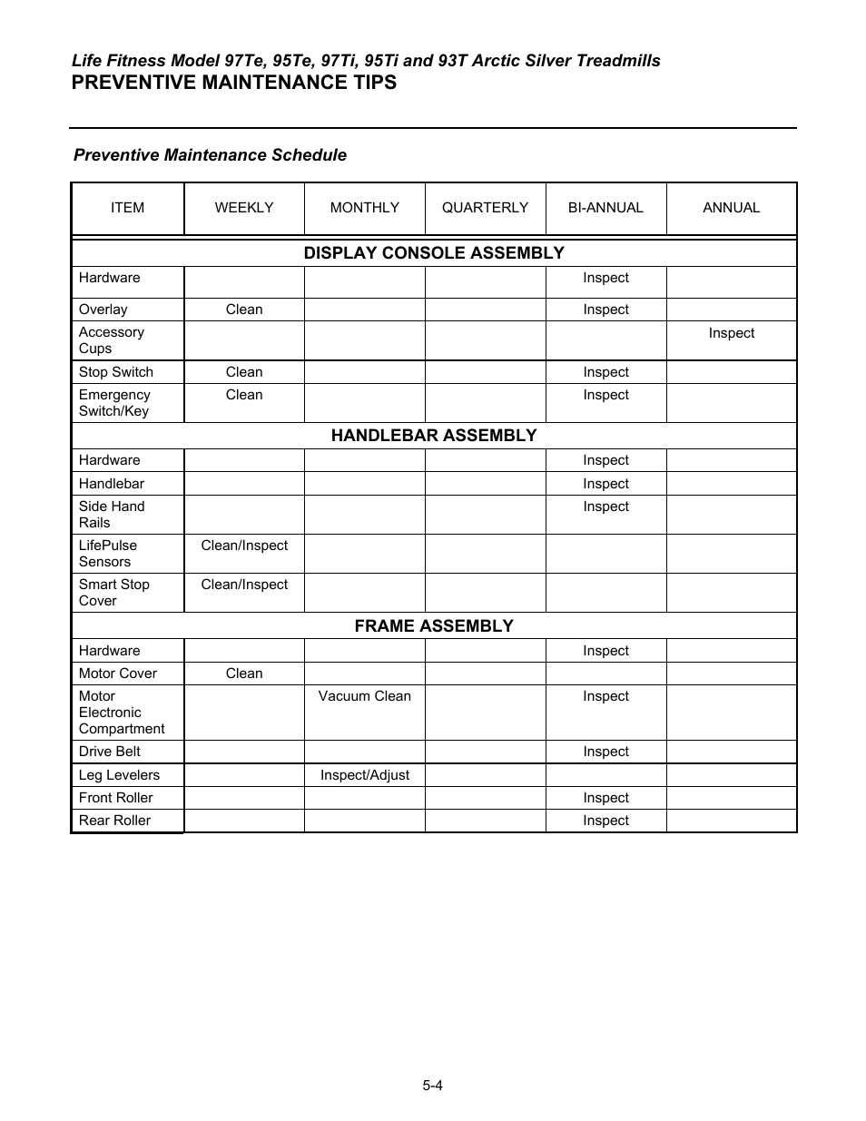 Preventive maintenance tips | Life Fitness 93T User Manual | Page 189 / 190