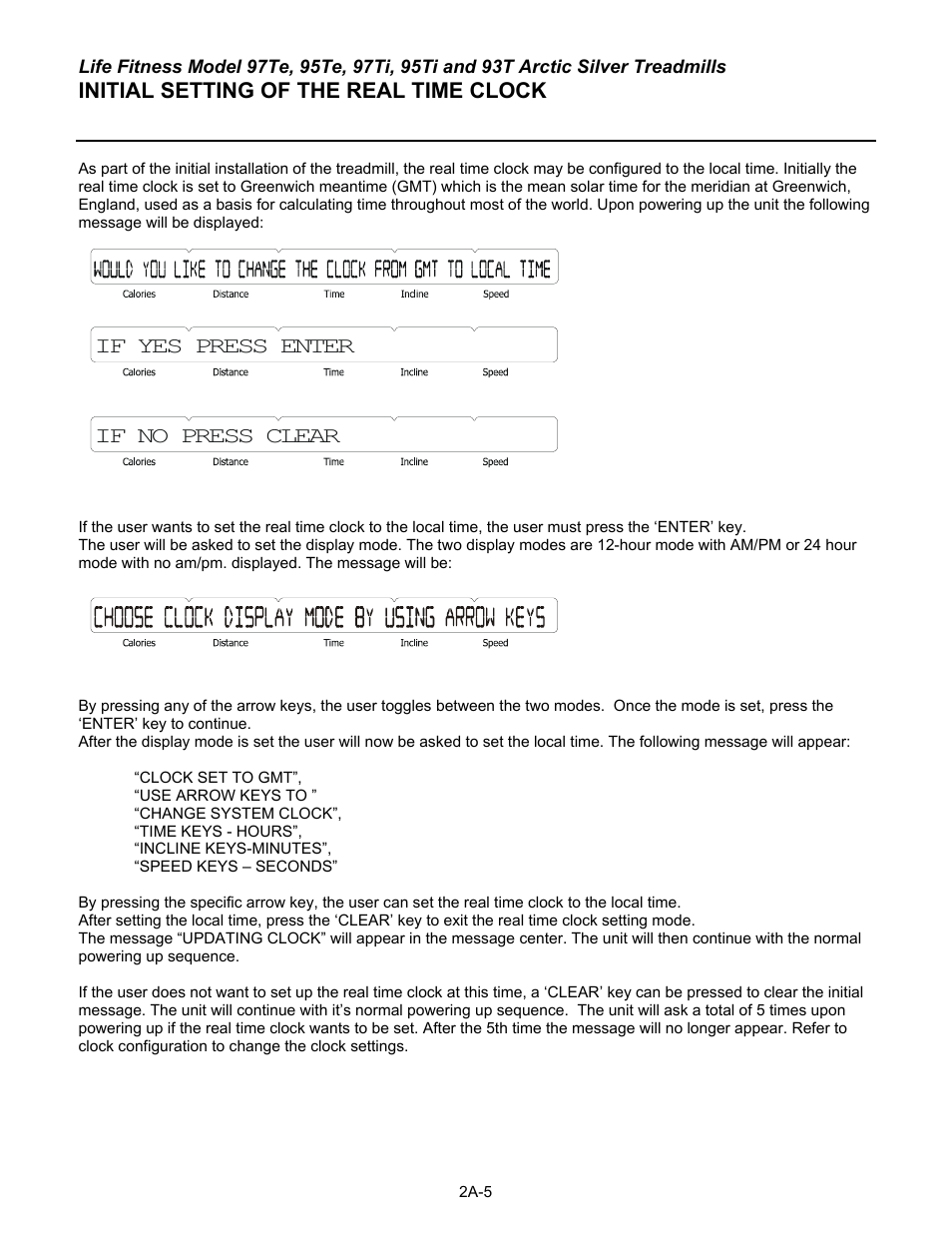 If yes press enter if no press clear, Initial setting of the real time clock | Life Fitness 93T User Manual | Page 30 / 190