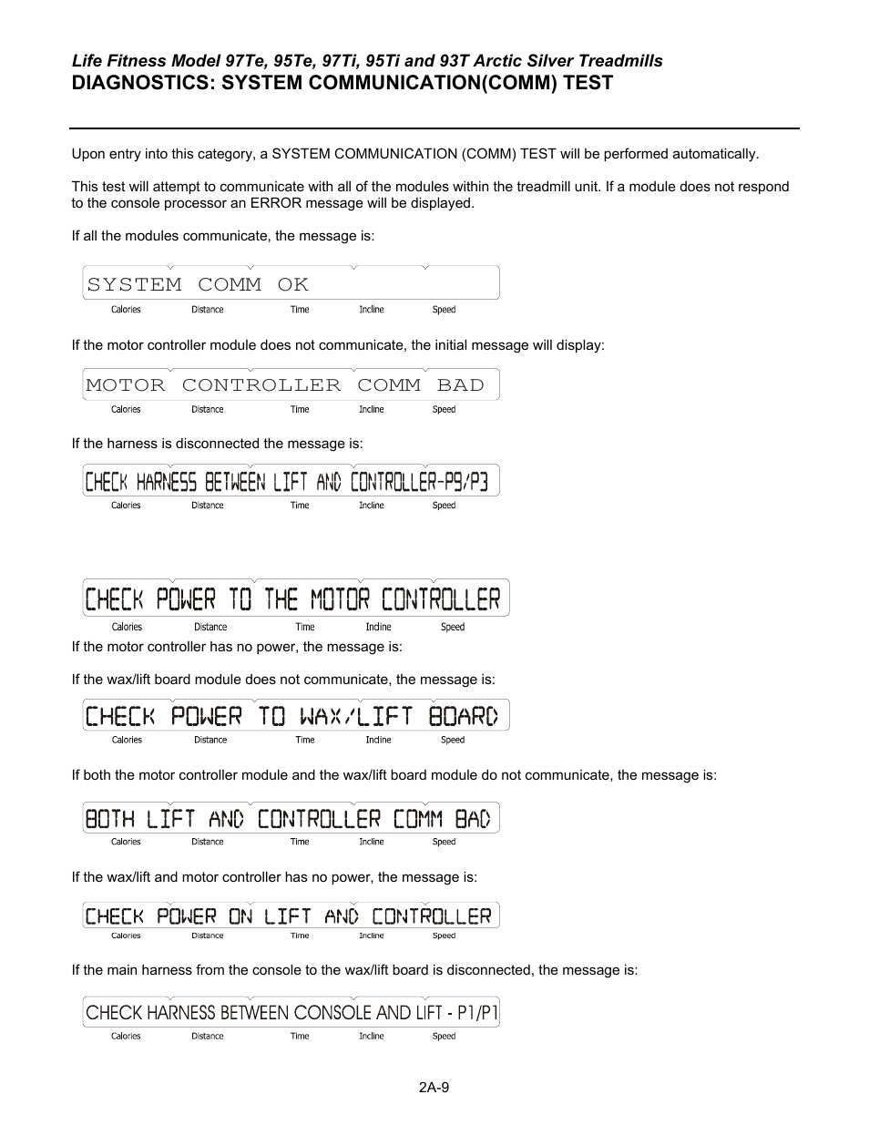 System comm ok, Motor controller comm bad, Diagnostics: system communication(comm) test | Life Fitness 93T User Manual | Page 34 / 190