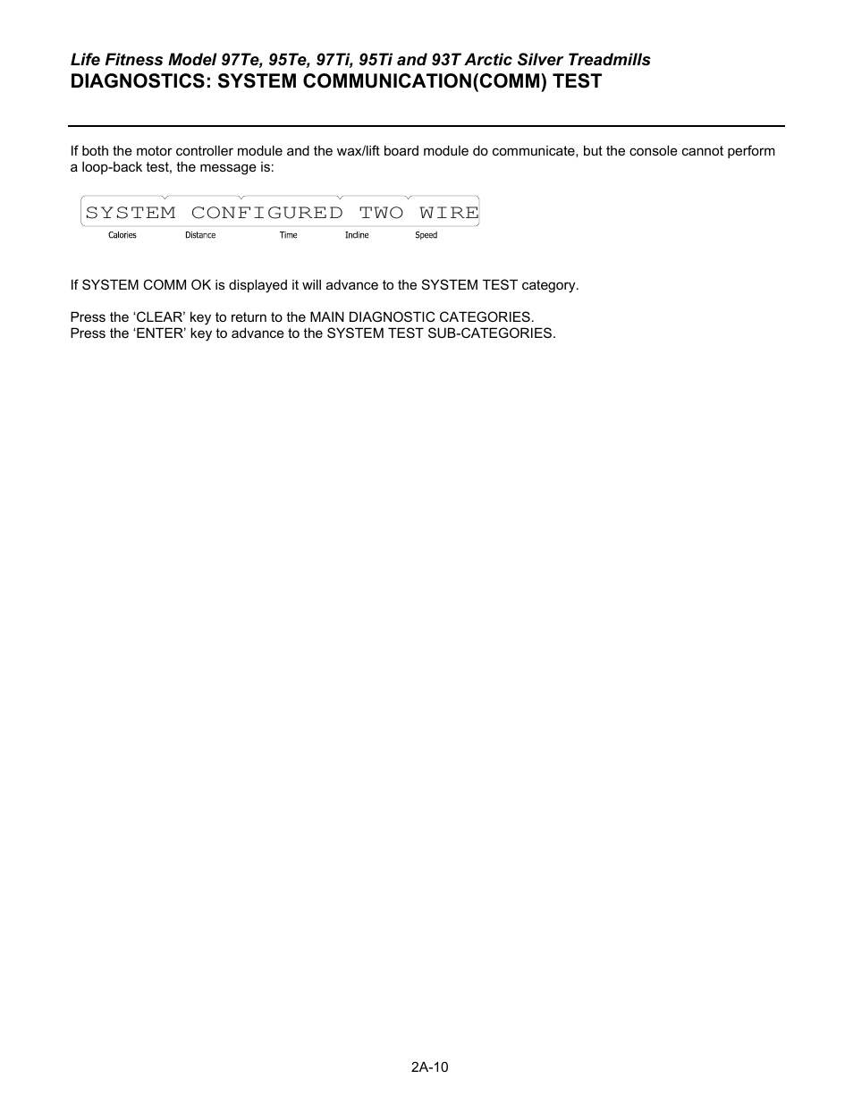 Diagnostics: system communication(comm) test, System configured two wire | Life Fitness 93T User Manual | Page 35 / 190