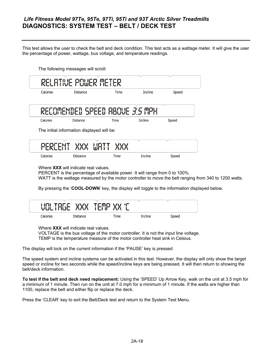 Diagnostics: system test – belt / deck test | Life Fitness 93T User Manual | Page 43 / 190