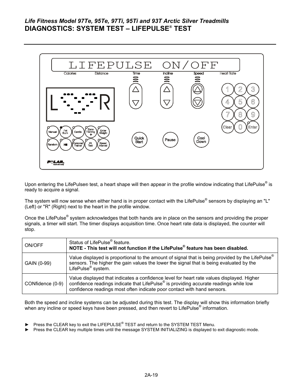 Lifepulse on/off, Diagnostics: system test – lifepulse, Test | Life Fitness 93T User Manual | Page 44 / 190