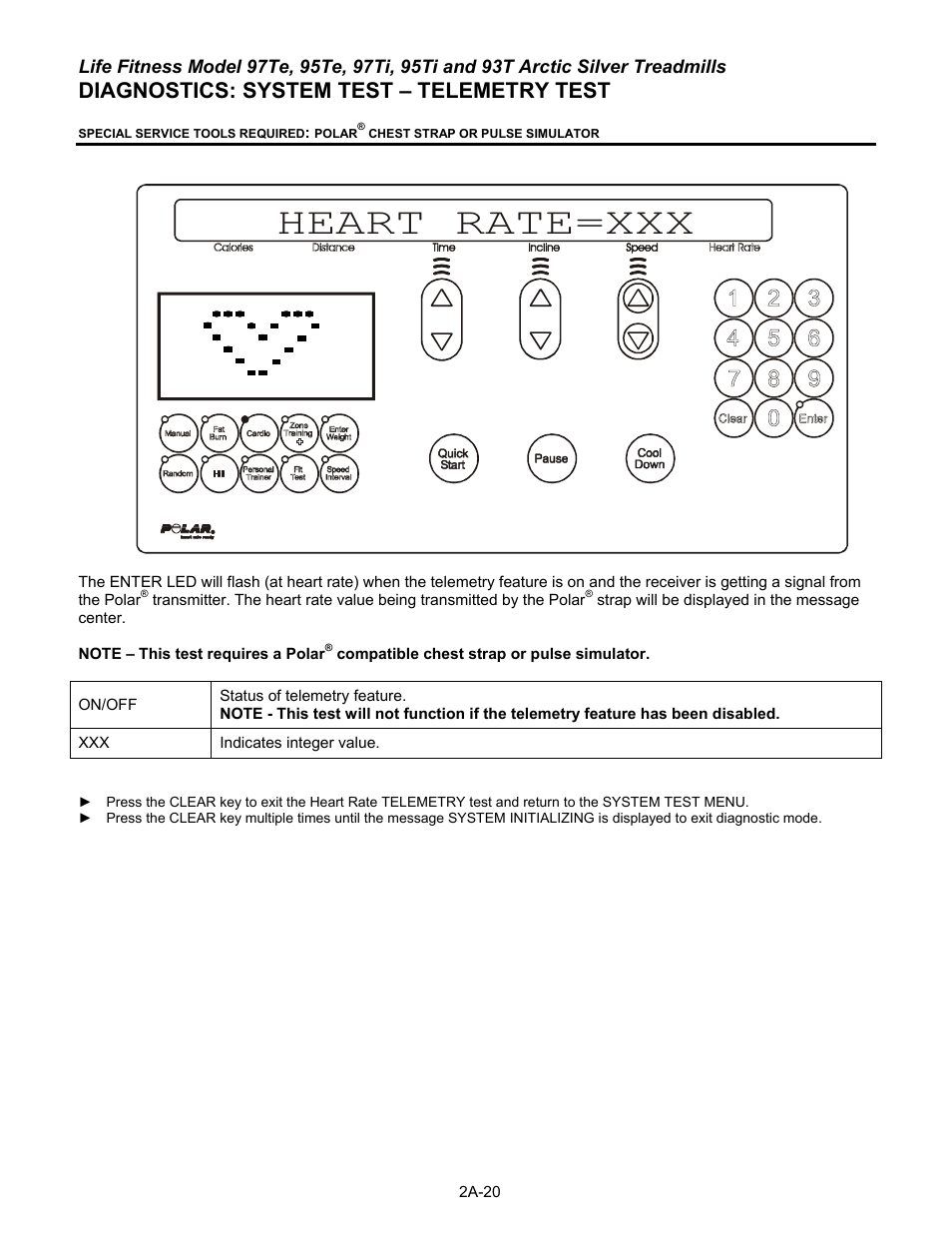 Heart rate=xxx, Diagnostics: system test – telemetry test | Life Fitness 93T User Manual | Page 45 / 190