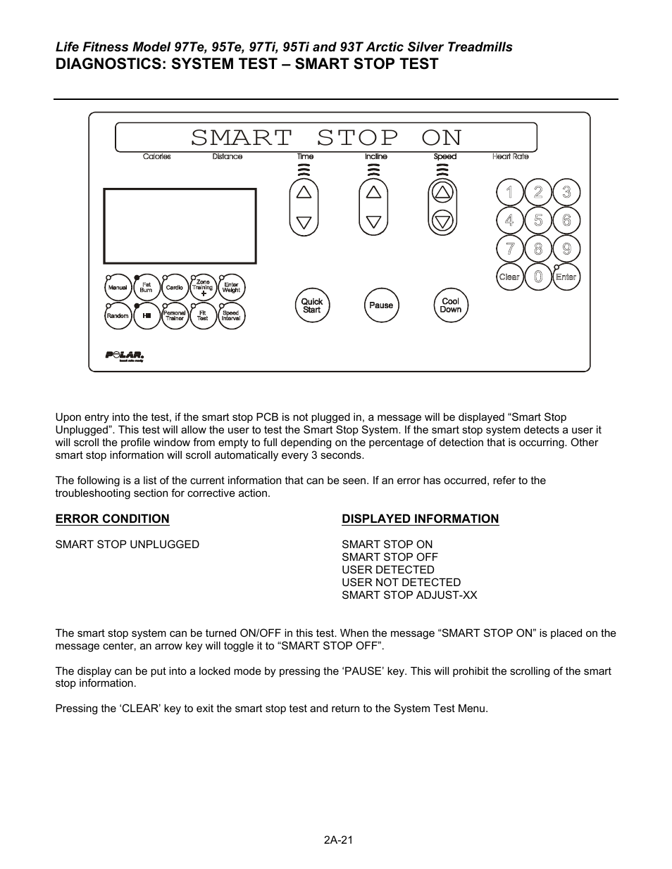 Smart stop on, Diagnostics: system test – smart stop test | Life Fitness 93T User Manual | Page 46 / 190