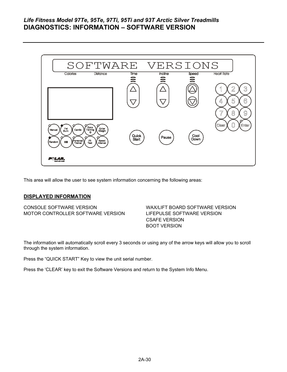 Software versions, Diagnostics: information – software version | Life Fitness 93T User Manual | Page 55 / 190