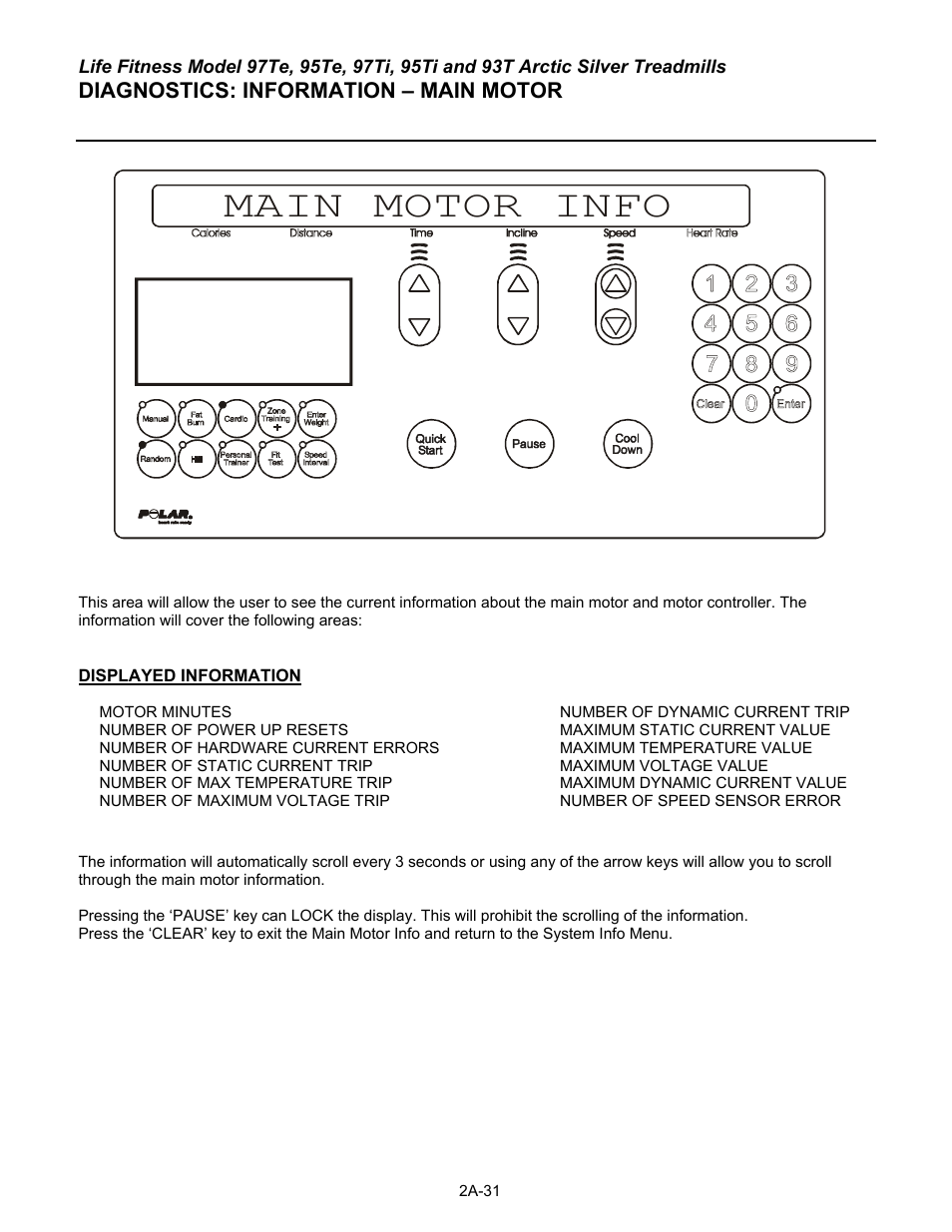 Main motor info, Diagnostics: information – main motor | Life Fitness 93T User Manual | Page 56 / 190