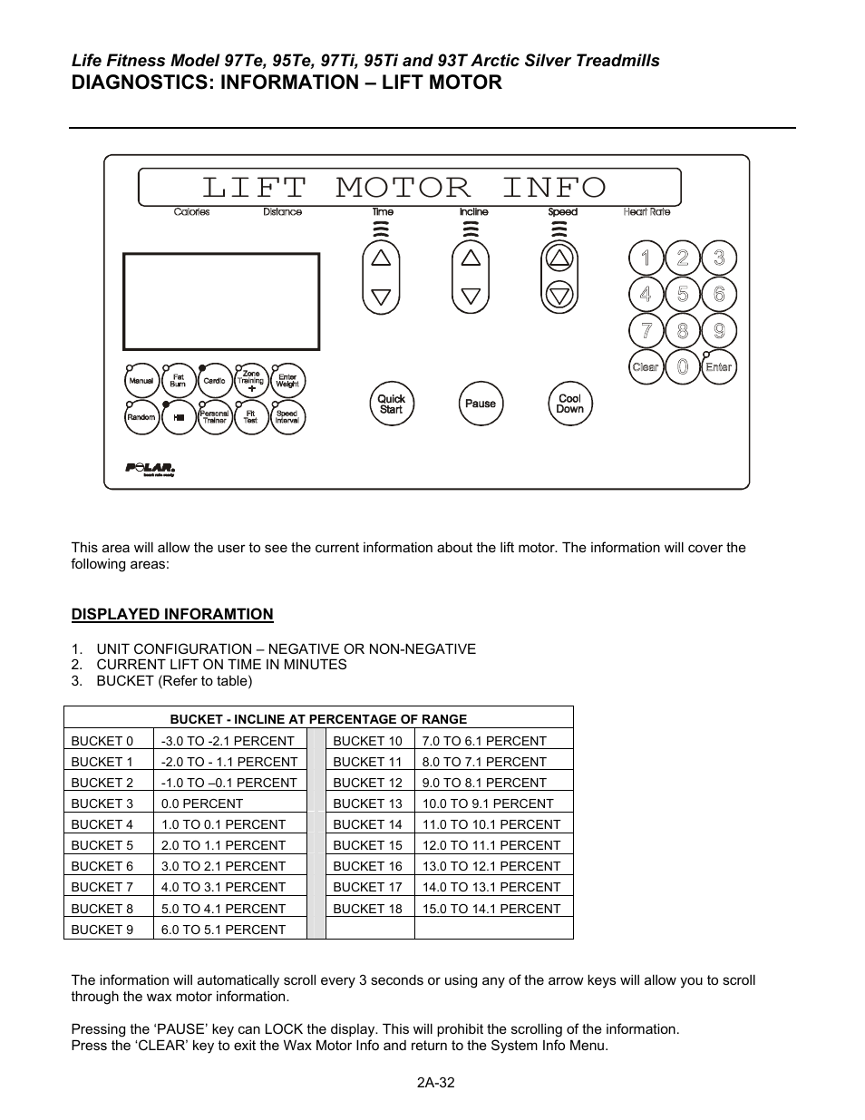 Lift motor info, Diagnostics: information – lift motor | Life Fitness 93T User Manual | Page 57 / 190