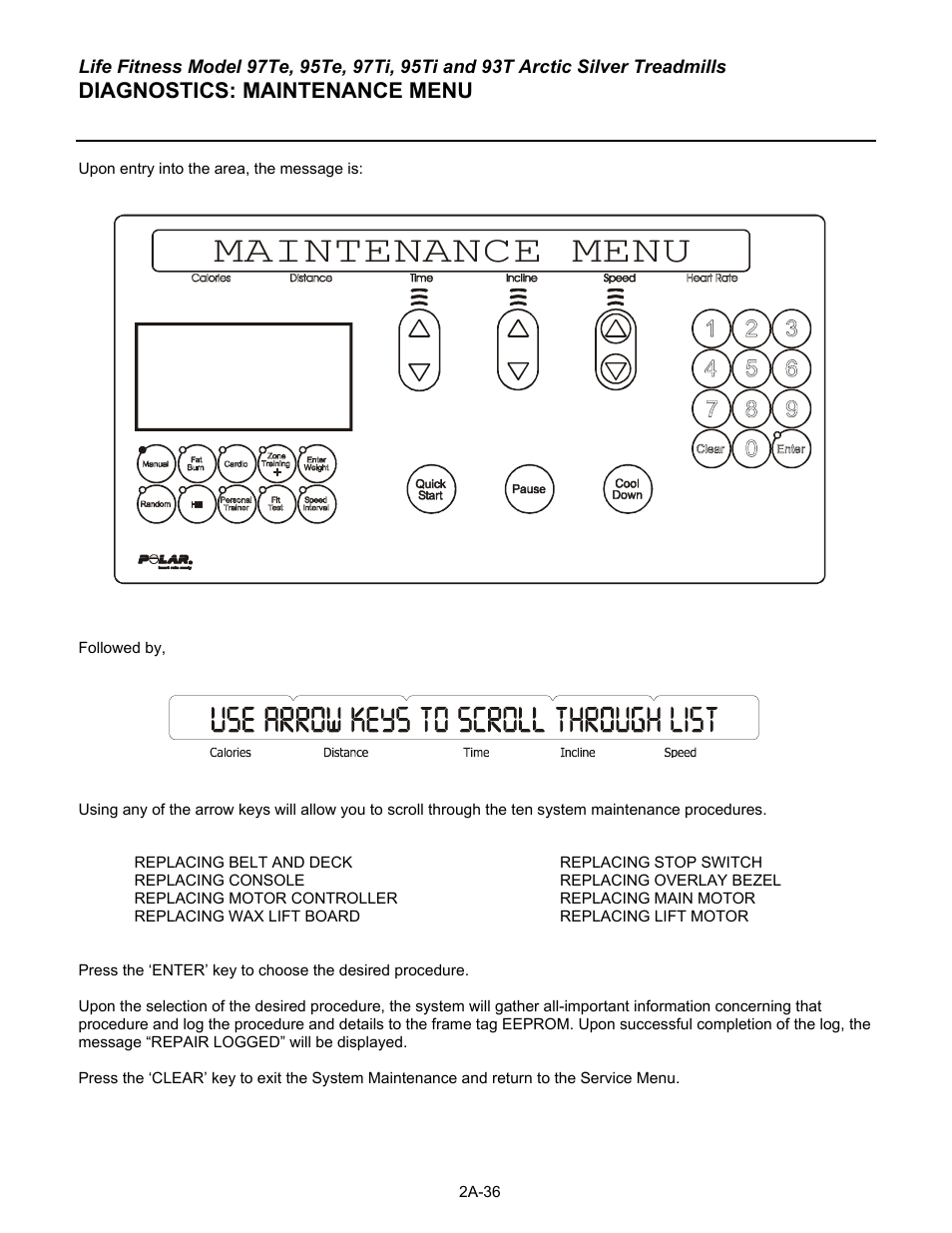 Maintenance menu, Diagnostics: maintenance menu | Life Fitness 93T User Manual | Page 61 / 190