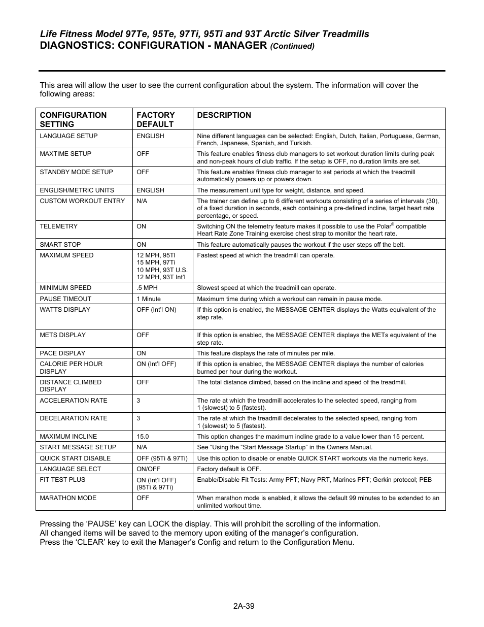 Diagnostics: configuration - manager | Life Fitness 93T User Manual | Page 64 / 190