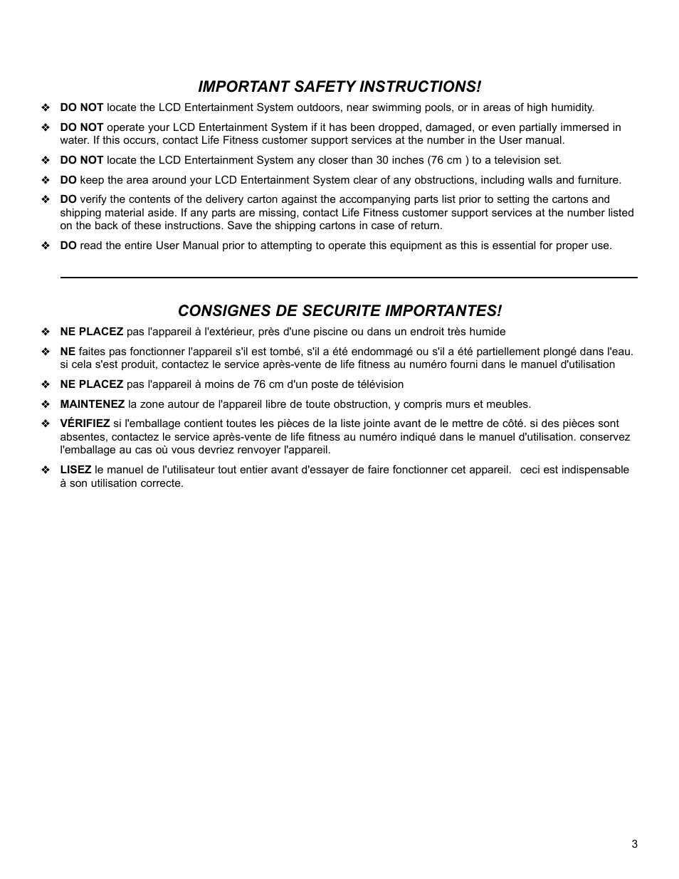 Important safety instructions, Consignes de securite importantes | Life Fitness Ab Curl Bench None User Manual | Page 3 / 9