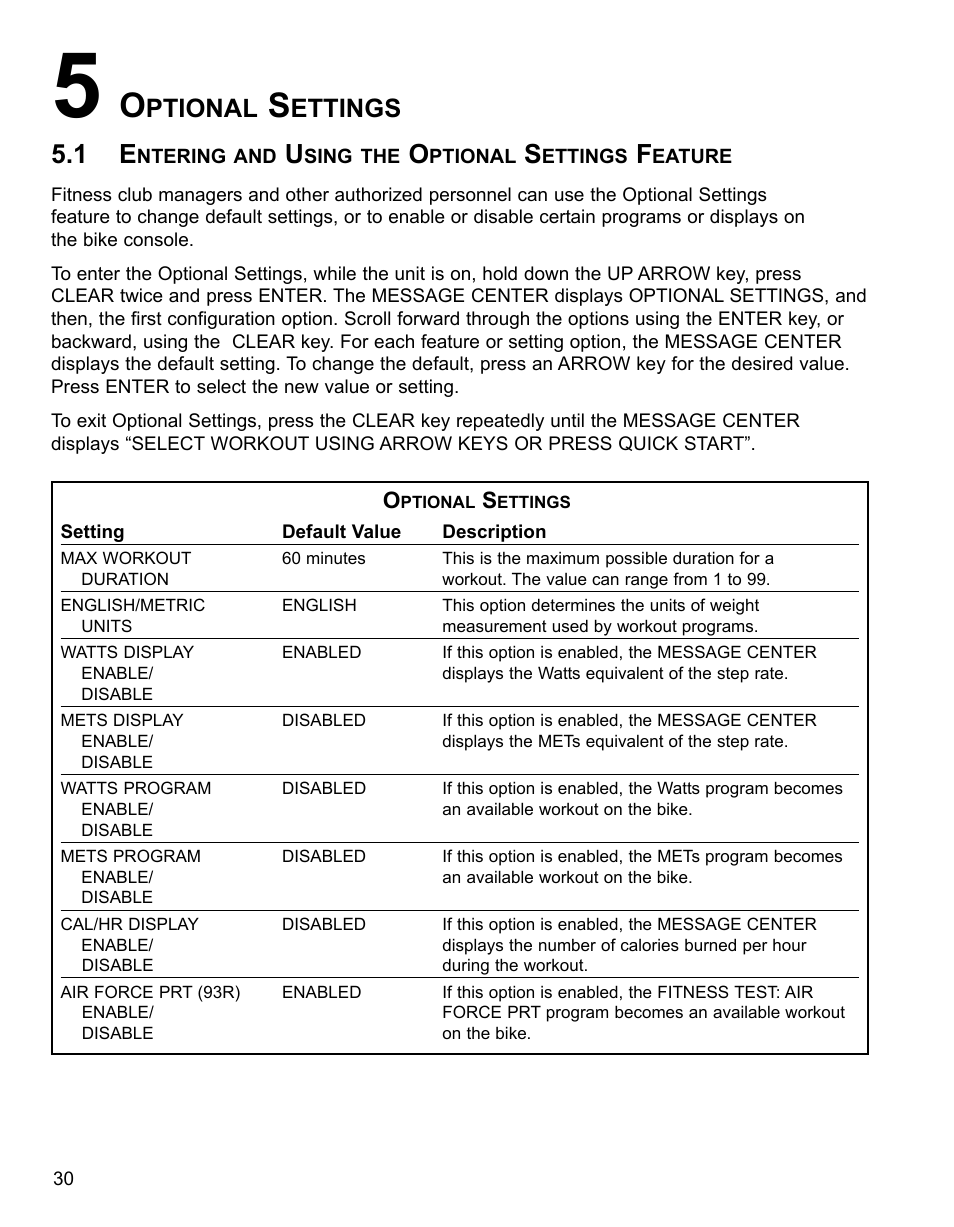 Ptional, Ettings | Life Fitness 90R User Manual | Page 31 / 37