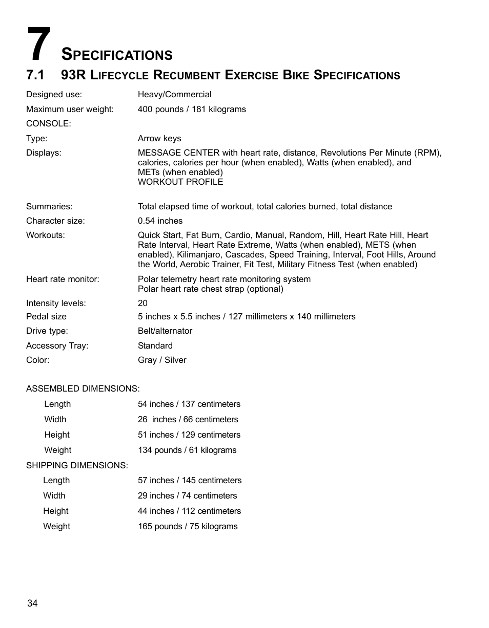 1 93r l, Pecifications | Life Fitness 90R User Manual | Page 35 / 37