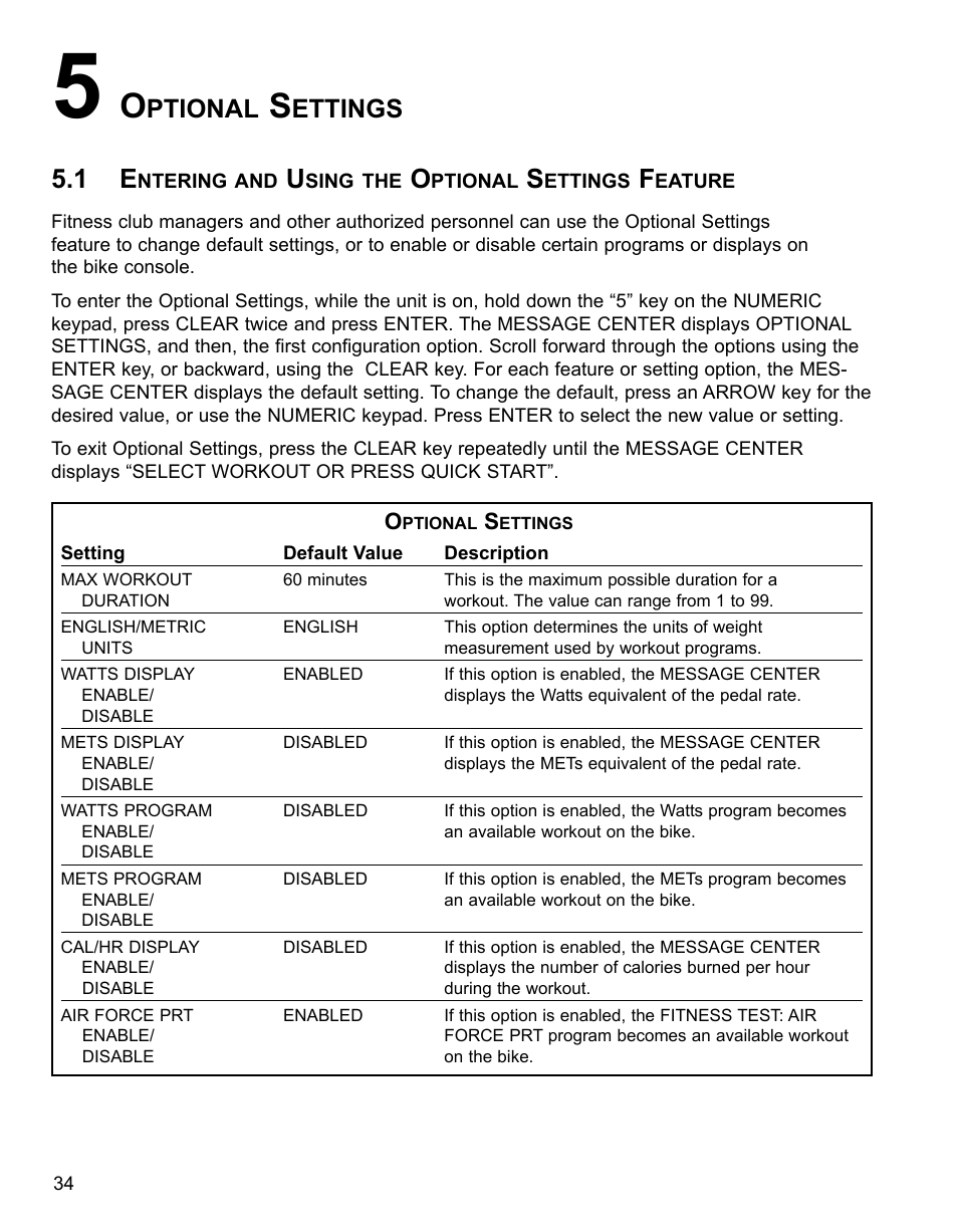 Ptional, Ettings | Life Fitness 95CI User Manual | Page 35 / 41