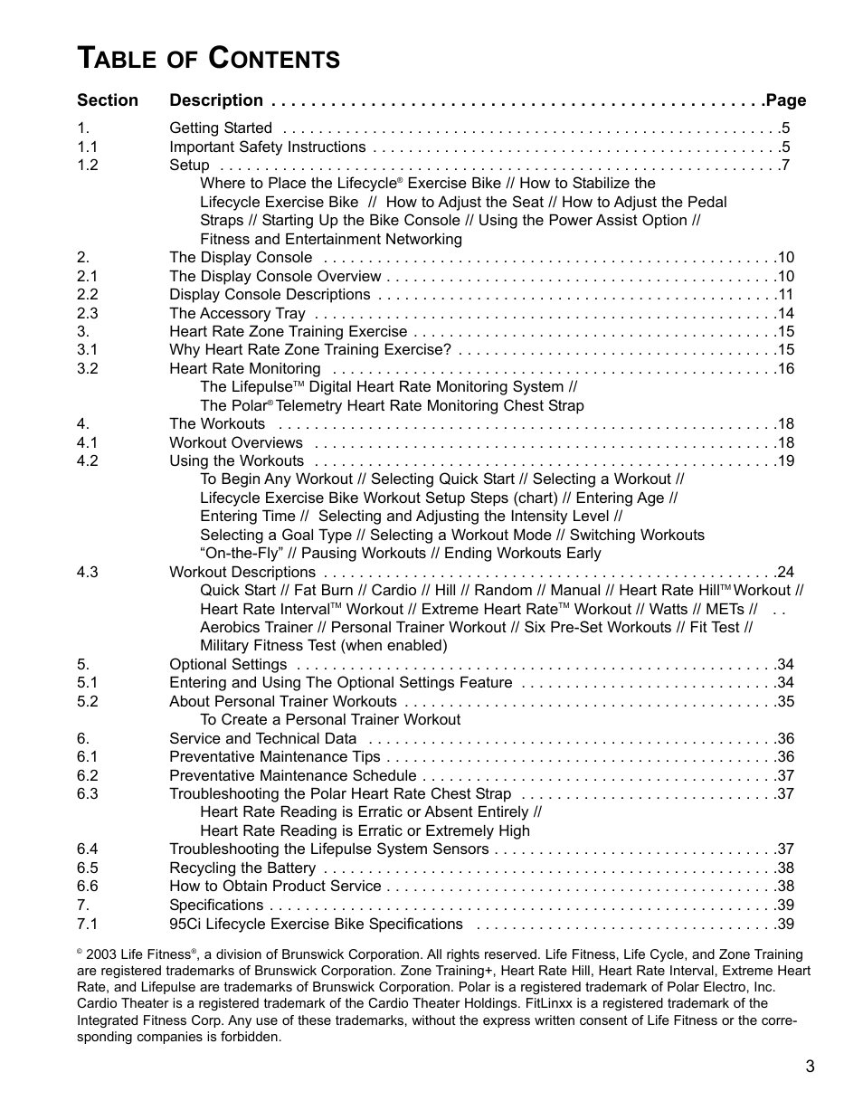 Able of, Ontents | Life Fitness 95CI User Manual | Page 4 / 41