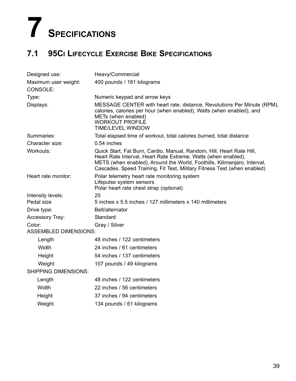 1 95c, Pecifications | Life Fitness 95CI User Manual | Page 40 / 41