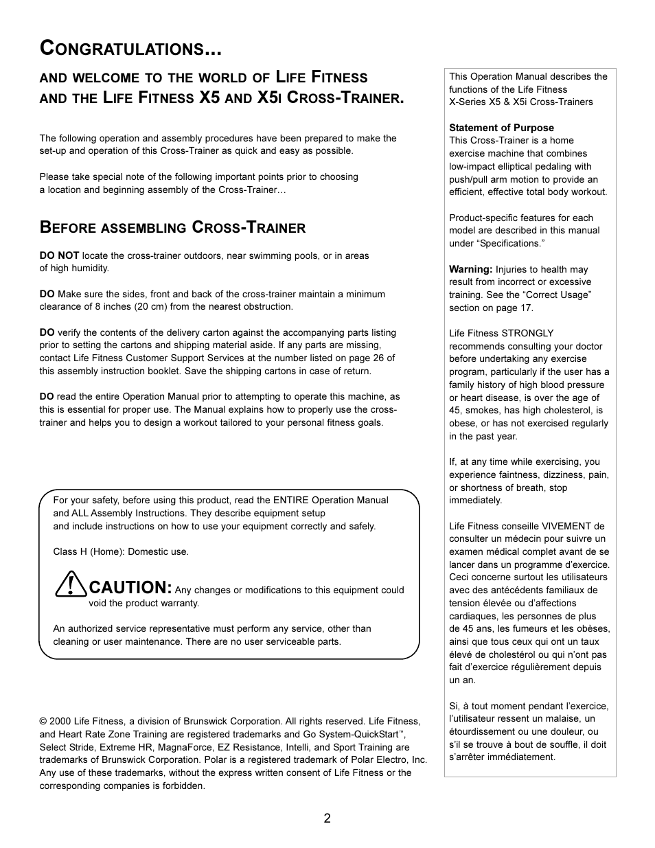 Caution, Ongratulations | Life Fitness Elliptical X5i User Manual | Page 2 / 28