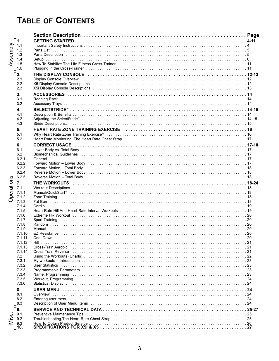 Able of, Ontents, Assembly operations misc | Life Fitness Elliptical X5i User Manual | Page 3 / 28