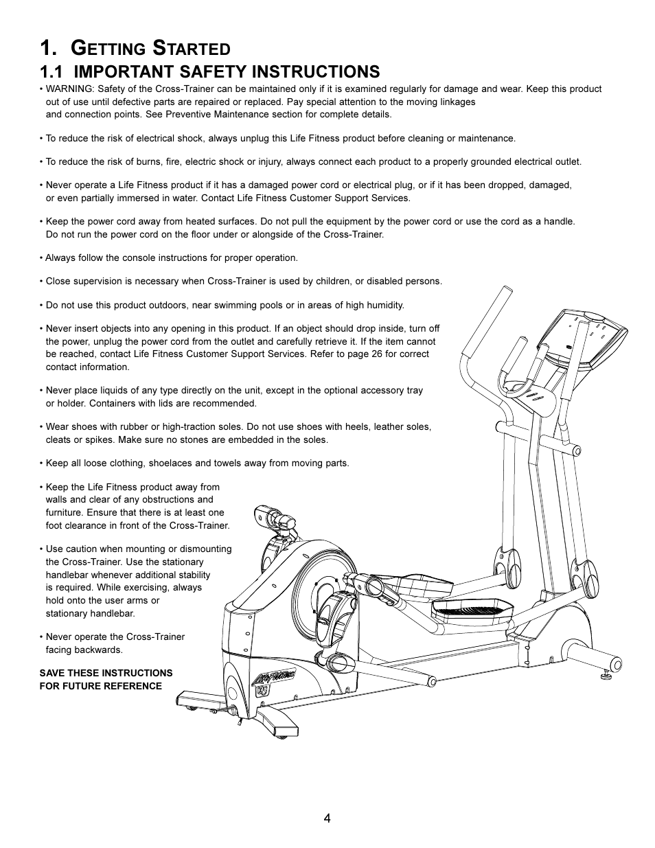 1 important safety instructions, Etting, Tarted | Life Fitness Elliptical X5i User Manual | Page 4 / 28
