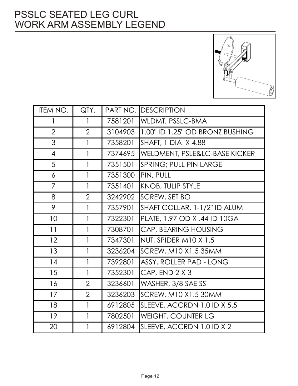 Work arm assembly legend psslc seated leg curl | Life Fitness Pro 2 Series PSSLC User Manual | Page 12 / 16