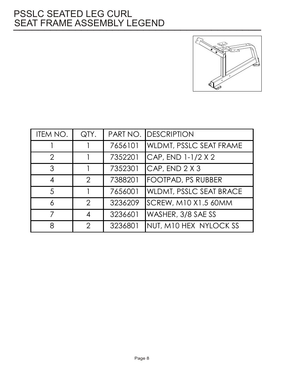 Seat frame assembly legend, Psslc seated leg curl | Life Fitness Pro 2 Series PSSLC User Manual | Page 8 / 16