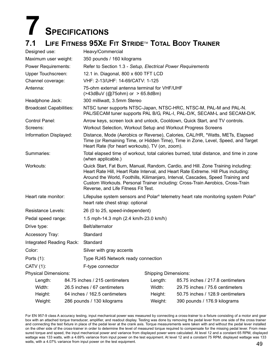 Pecifications | Life Fitness M051-00K62-B095 User Manual | Page 50 / 50