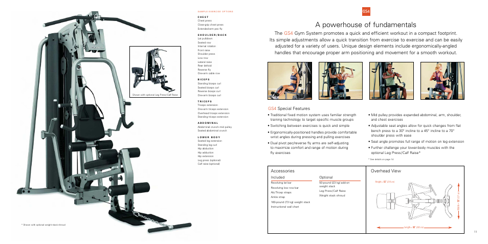 A powerhouse of fundamentals, Gs4 special features, Accessories | Overhead view | Life Fitness Gym Systems User Manual | Page 6 / 8