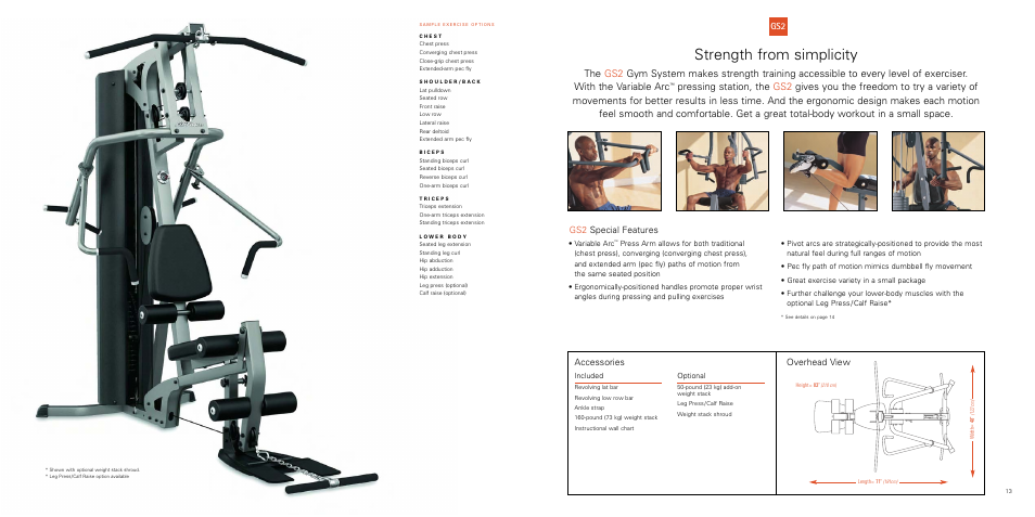 Strength from simplicity, Gs2 special features, Accessories | Overhead view | Life Fitness Gym Systems User Manual | Page 7 / 8