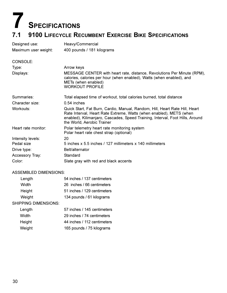 Pecifications | Life Fitness Lifestyle Exercise Bike LC8500 User Manual | Page 31 / 33