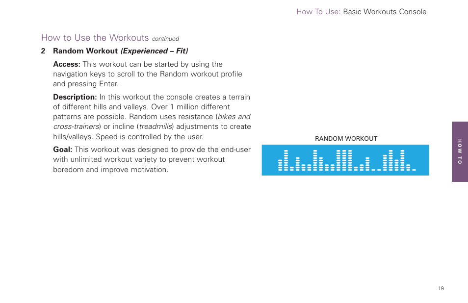 How to use the workouts | Life Fitness Basic Workouts Console FPO User Manual | Page 19 / 35