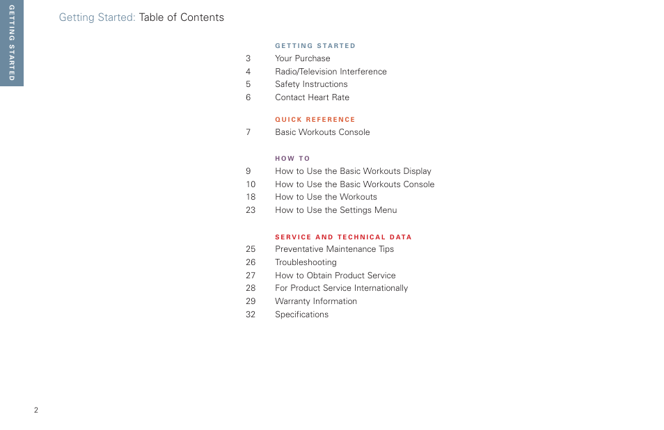 Getting started: table of contents | Life Fitness Basic Workouts Console FPO User Manual | Page 2 / 35
