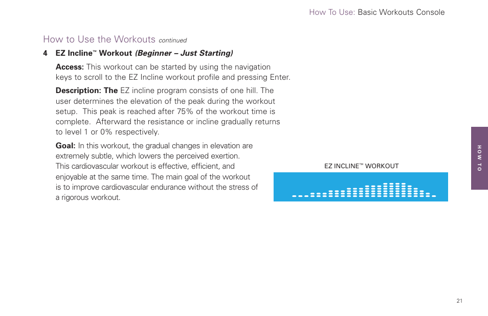How to use the workouts | Life Fitness Basic Workouts Console FPO User Manual | Page 21 / 35