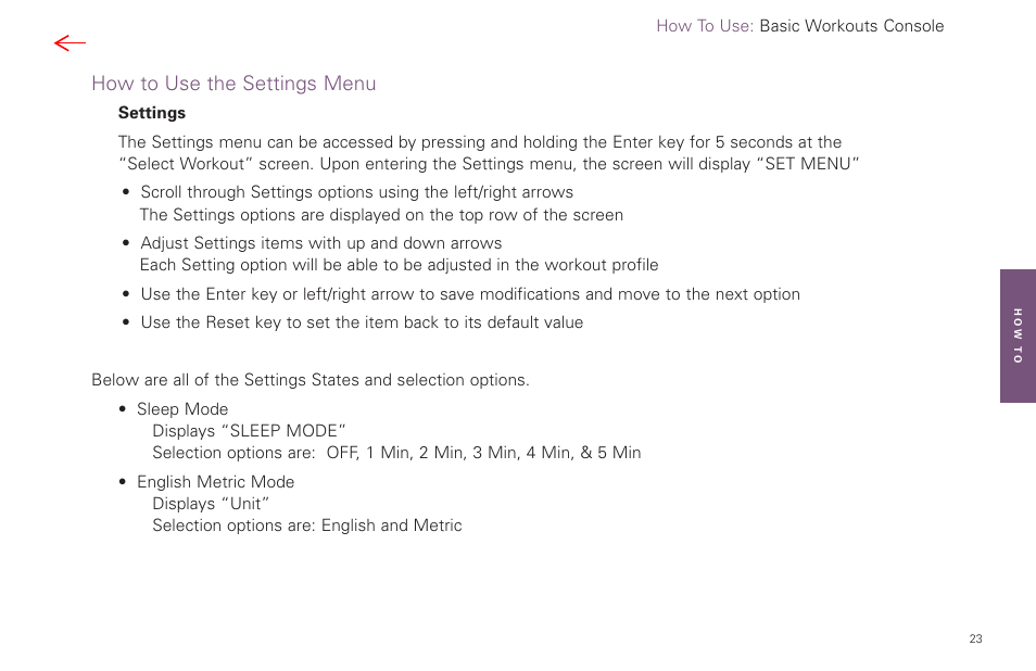 How to use the settings menu | Life Fitness Basic Workouts Console FPO User Manual | Page 23 / 35