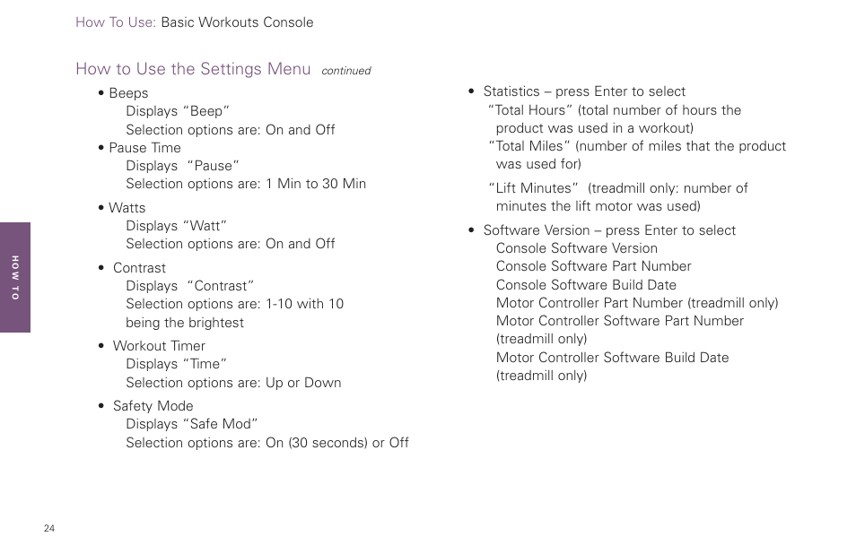 How to use the settings menu | Life Fitness Basic Workouts Console FPO User Manual | Page 24 / 35