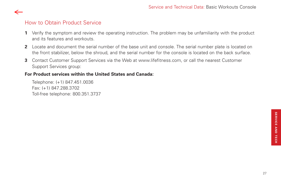 How to obtain product service | Life Fitness Basic Workouts Console FPO User Manual | Page 27 / 35