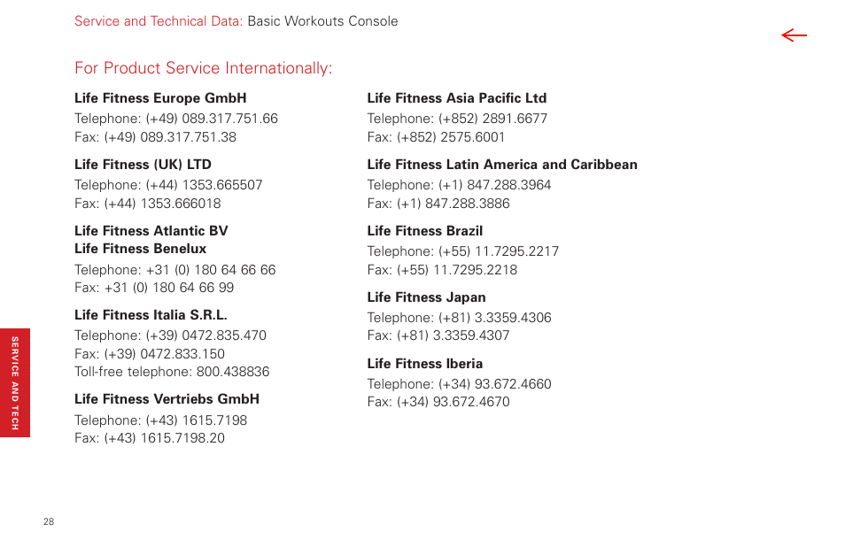 For product service internationally | Life Fitness Basic Workouts Console FPO User Manual | Page 28 / 35