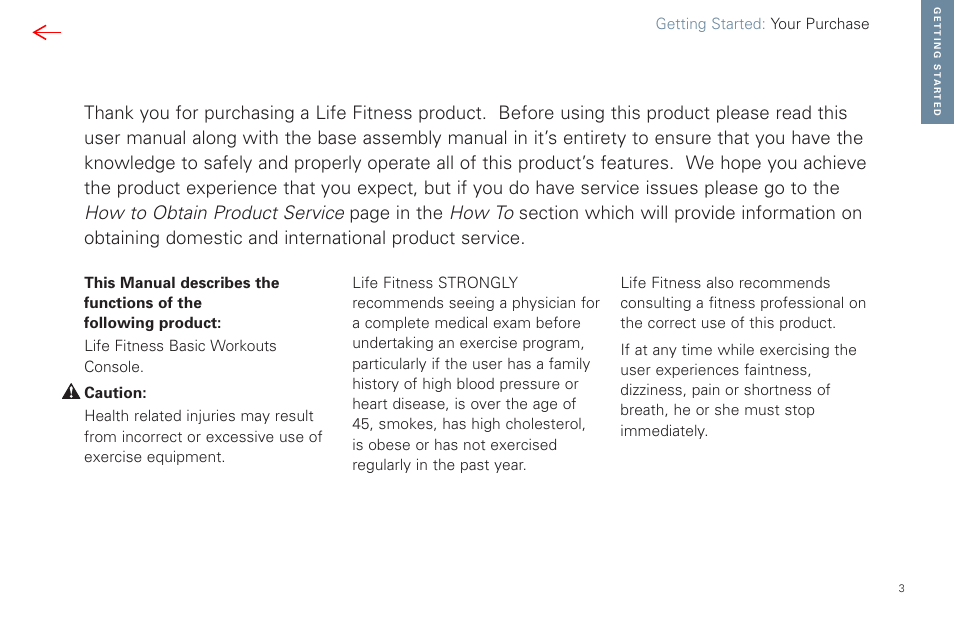 Your purchase, Getting started: your purchase | Life Fitness Basic Workouts Console FPO User Manual | Page 3 / 35